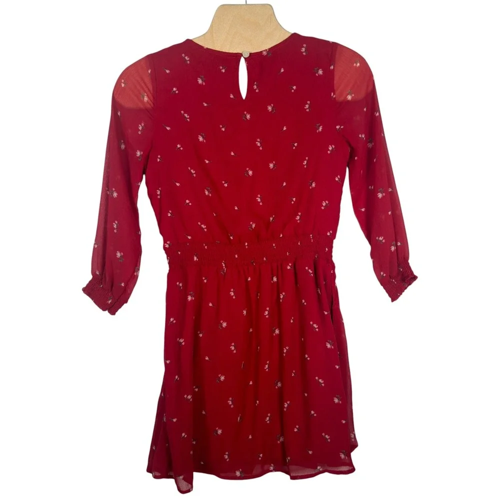 Abercrombie Kids Girls 15/16‎ Red Floral Ruffle Chiffon Smocked Dress